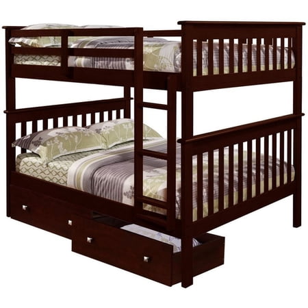 Pemberly Row Full Over Solid Wood Mission Bunk Bed with Drawers in Cappuccino