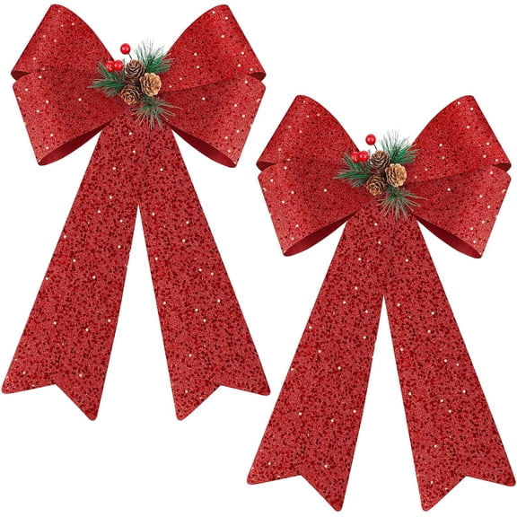 2 Pack Red Christmas Bows 12 x 18 Inches Xmas Wreaths Garland Bows with Pinecones for Christmas Tree Ornaments Sets Indoor Outdor Decoration