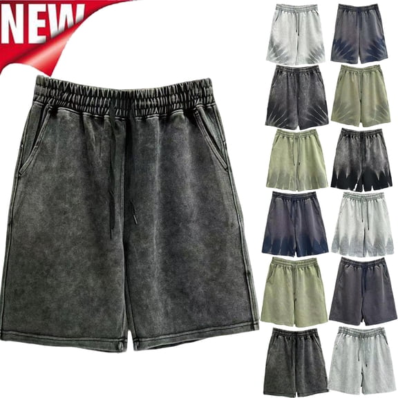 Tqyyweavej Men's Wash Denim Shorts Cotton Drawstring Wide Leg Jean Shorts Pull-On Straight Leg Solid Color Denim Shorts with Pockets