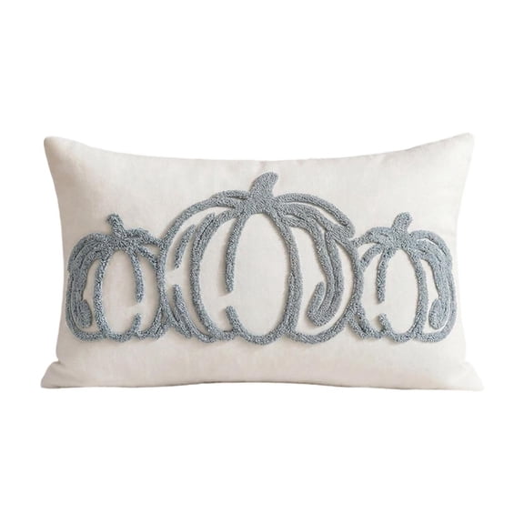 Homellea Fall Pumpkin Throw Pillow Cover, 20 x 12 Inch Cream Rectangular Cushion Case with Blue Tufted Embroidered Pumpkins for Sofa, Couch, Bed, Chair, Halloween and Thanksgiving Decor
