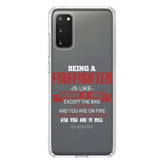 DistinctInk Clear Shockproof Hybrid Case for Galaxy S20 ULTRA / 5G (6.9" Screen) - TPU Bumper Acrylic Back Tempered Glass Screen Protector - Being a Firefighter is Like Riding A Bike On Fire