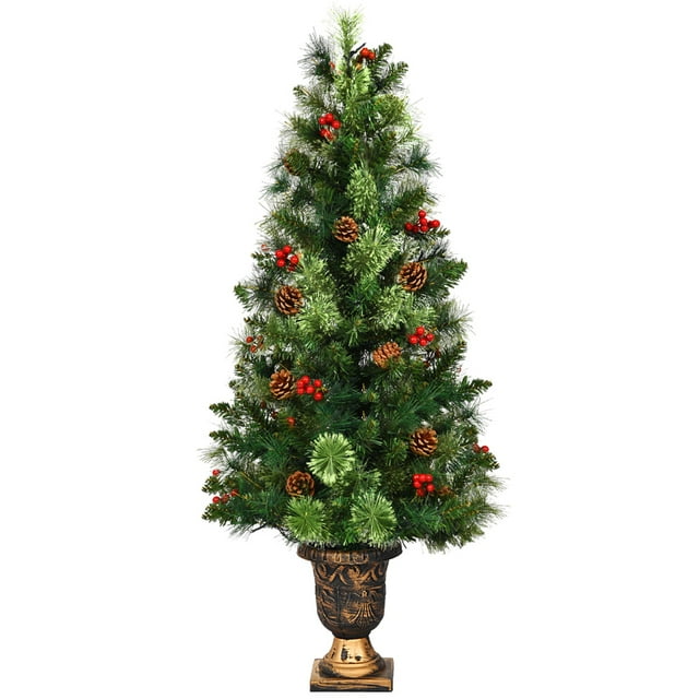 Costway Arbre d'Entrée de Noël Pré-Éclairé de 3 Pieds en Urne avec 40 Lumières LED et Pommes de Pin Baies Rouges