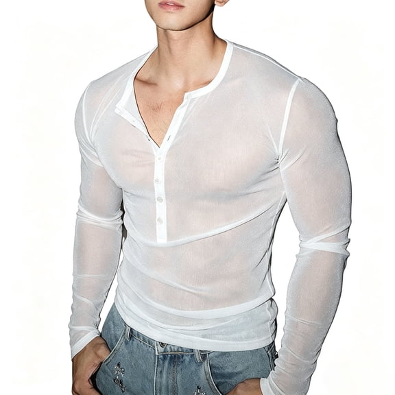 Kalauyu Mens Henley Shirts Sheer Mesh See Through Long Sleeve Button Up Blouse Slim Fit Solid Color Party Clubwear Tops