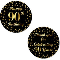 90th Birthday Round 2 Inch Big Glossy Stickers, Thank You for Celebrating 90 Years Black and Gold Labels, Great for Party Favors, Decorations, Tags, Gift Bags and Supplies