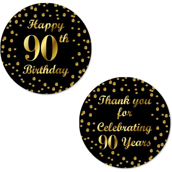 90th Birthday Round 2 Inch Big Glossy Stickers, Thank You for Celebrating 90 Years Black and Gold Labels, Great for Party Favors, Decorations, Tags, Gift Bags and Supplies