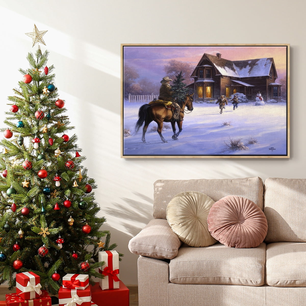 The Day Daddy Brought Home the Tree - Framed Gallery Wrapped Holiday Canvas - 25 x 37 - Natural Wood Frame