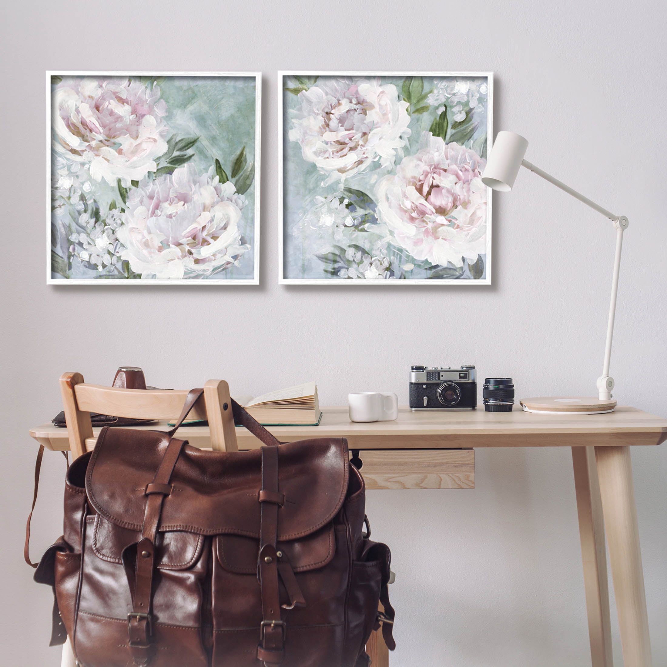 Fluffy Blooming Peonies Nature Botanical & Floral Graphic Art White Framed Art Print Wall Art, Set of 2