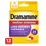 Dramamine Chewable Less Drowsy, Motion Sickness Relief, Raspberry Cream Flavor, 12 Count