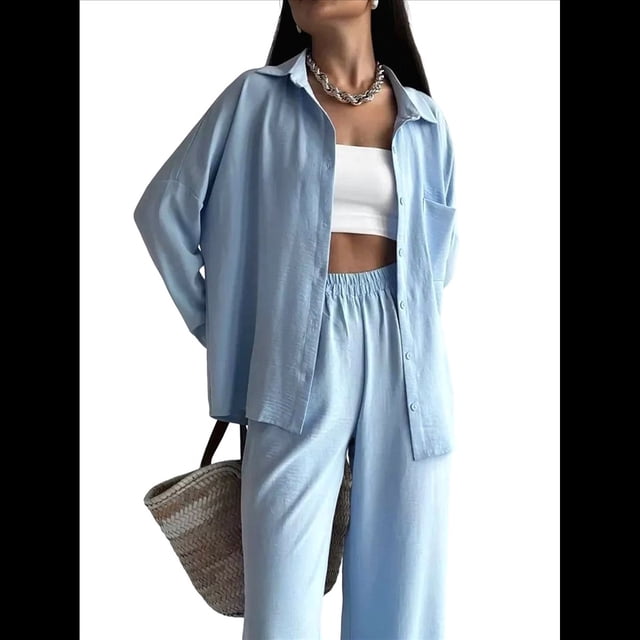 Conjuntos de 2 Piezas para Mujer: Conjuntos Casuales de Salón, Camisas de Larga con Botones y Pantalones de Pierna Azul XL
