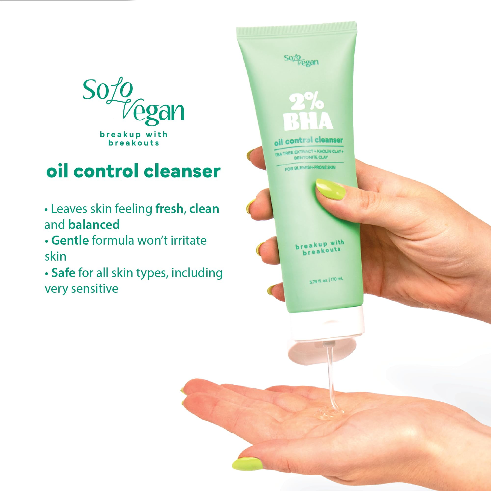 SoloVegan 2% BHA Oil Control Gel Facial Cleanser(170ml), Makeup Remover Cleanser, Korean Skincare
