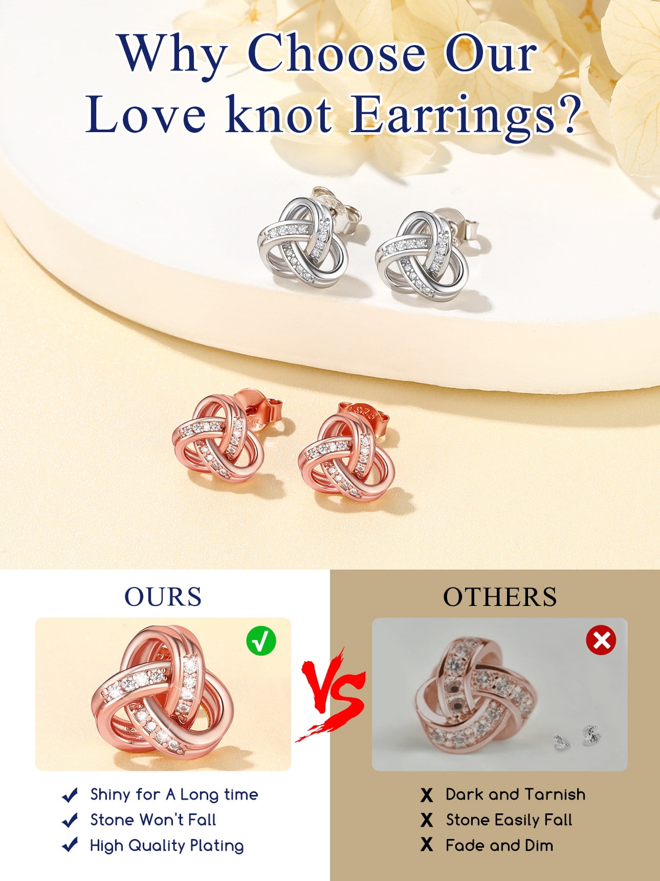 Suplight 925 Sterling Silver Cubic Zirconia Triangle Love Shape Knot Earrings Love Gifts for Women