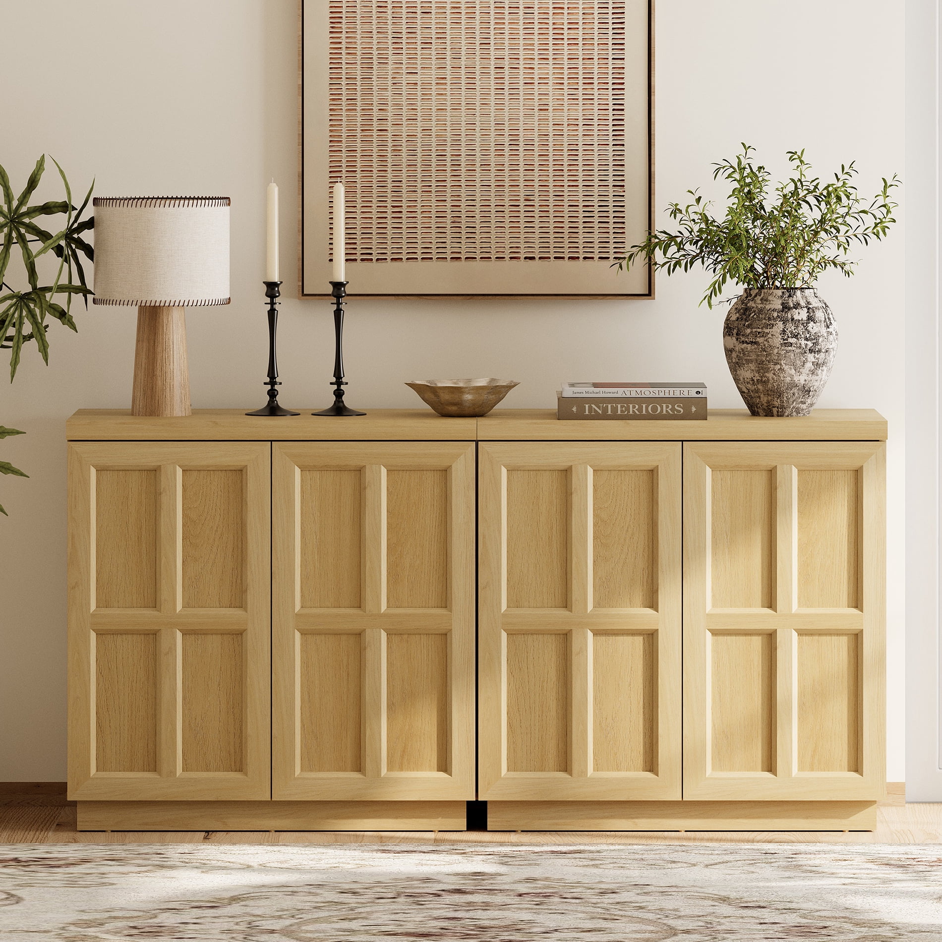 HOMOOI 2-in-1 Sideboard Buffet Cabinet with Cabinets and Adjustable Shelves,Boho 63" Heavy-Duty Wood Coffee Bar Cabinet,Modern Console Table for Kitchen, Dining Room, Living Room,Oak