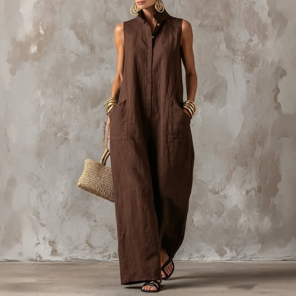 Womens Sleeveless Linen Jumpsuit Casual Loose Fit Wide Leg One Piece Outfit with Pockets, L