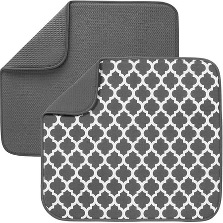 

S&T INC. Absorbent Reversible Microfiber Dish Drying Mat for Kitchen 16 Inch x 18 Inch Gray Trellis Bundle 2 Pack