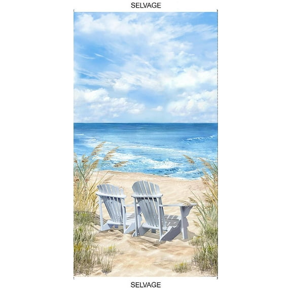 24" X 44" Panel Beach Chairs Sand Lake Ocean Breeze Blue Cotton Fabric Panel (PANEL-C1083-MULTI)