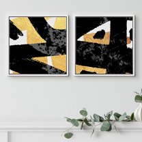 PixonSign Framed Wall Art Print Set Black Brushstrokes and Gold Lines Abstract Shapes Digital Art Modern Art Chic Colorful Multicolor Ultra for Living Room, Bedroom, Office - 16"x16"x2 White