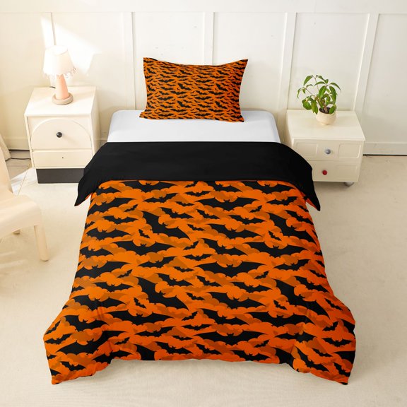 Homewish Classic Orange Bat Camo Twin Duvet Cover for Kids, Pumpkin Orange Spooky Bat Twin Bedding, Black Reversible, 2-Piece, 1 Duvet Cover and 1 Pillowcase