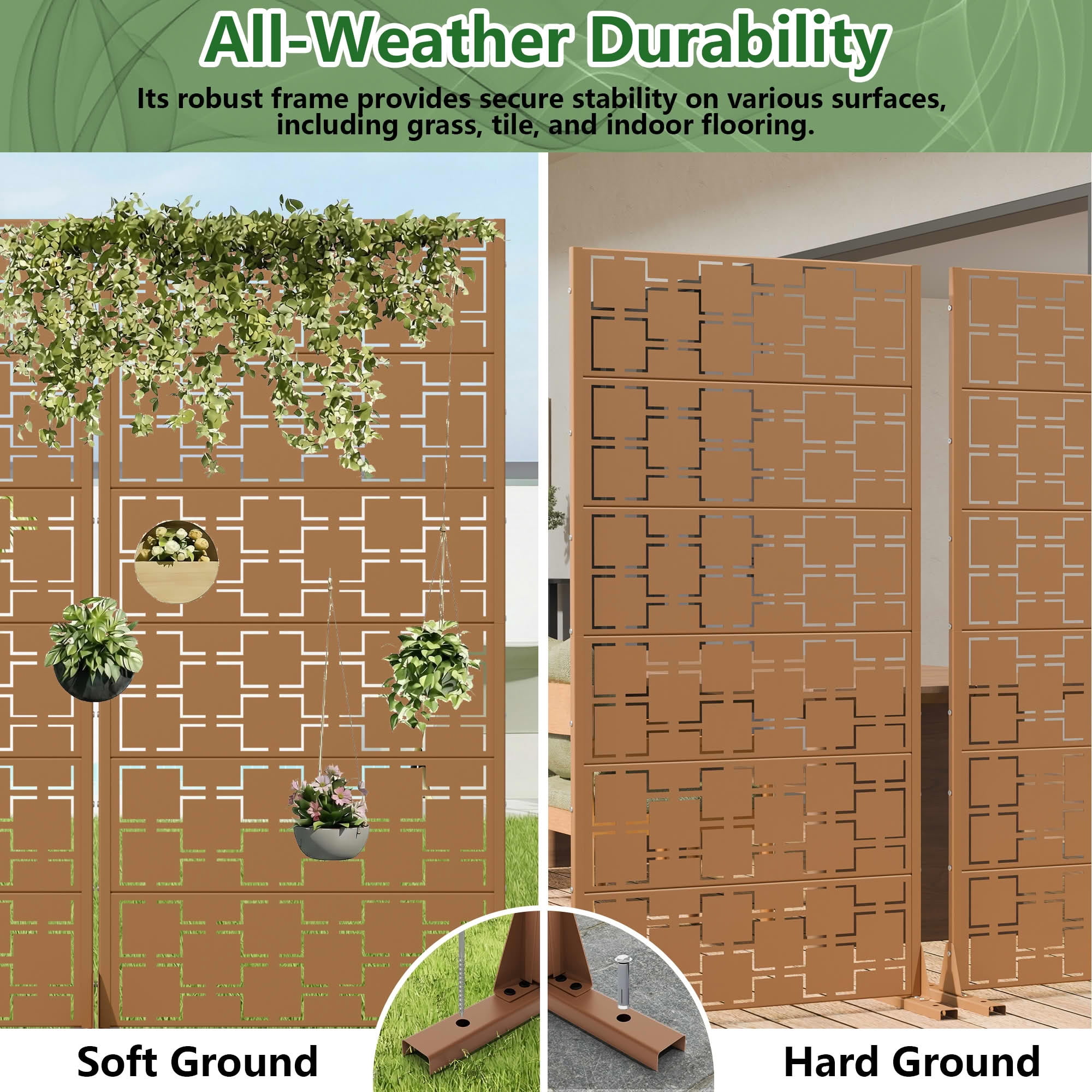 MAYEERTY 2-Piece Outdoor Metal Privacy Screen 6ft × 3ft Brown, 6-Panel Square Geometric Pattern Decorative Screen for Patio