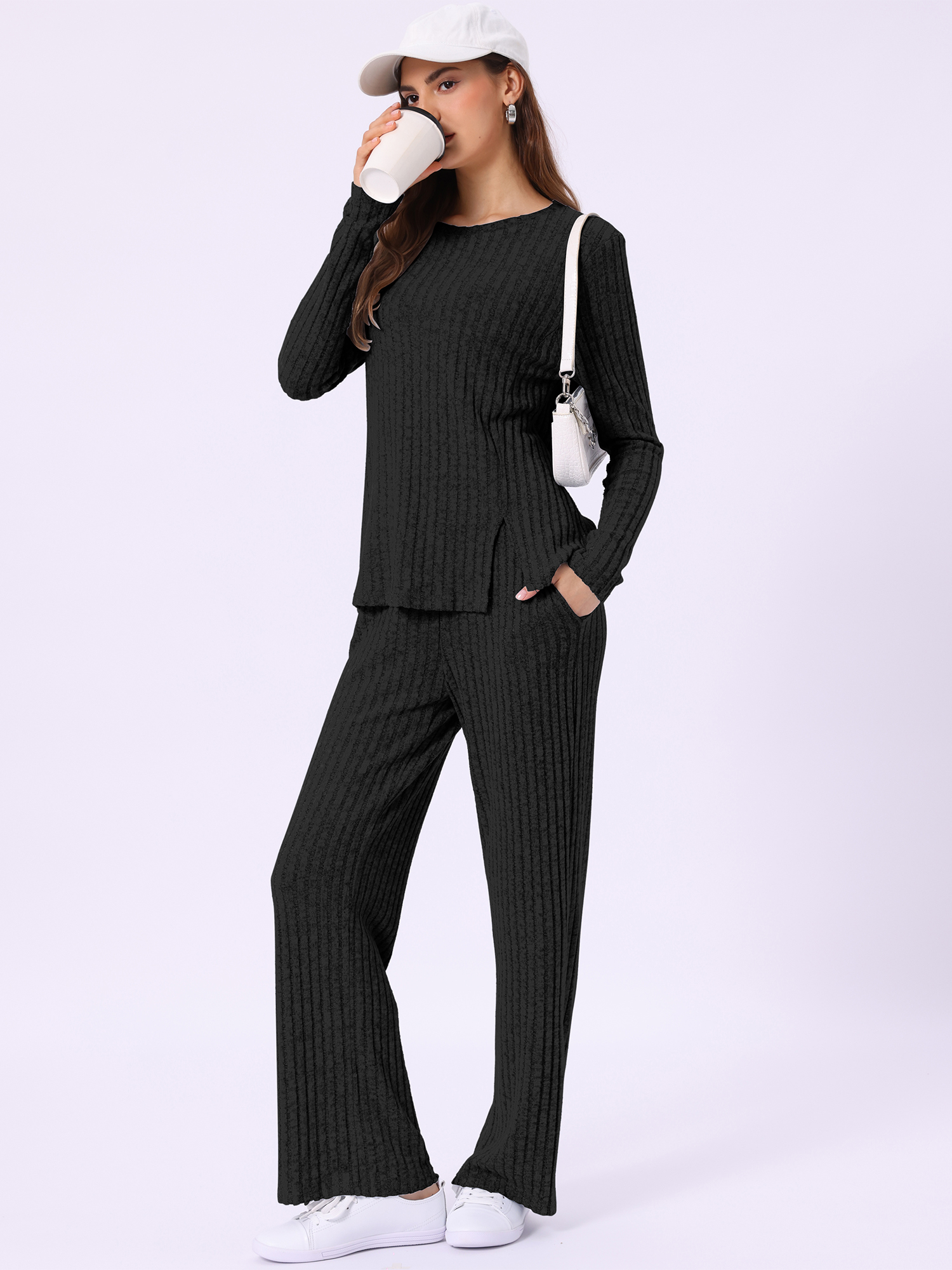 DARING DIVA Women's Knit Long Sleeve Ribbed Sleepwear Soft Crewneck Sets XL Black