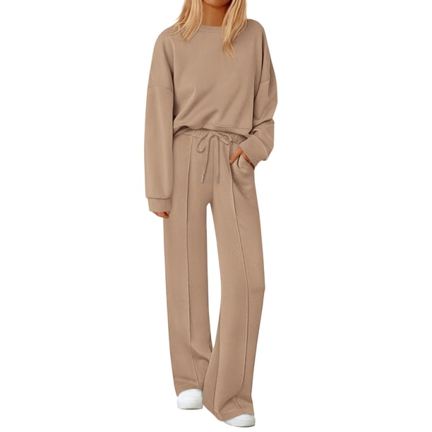 Conjunto de Mujer PRETTYGARDEN Sudadera Caqui Pantalones de Pierna Ancha XL