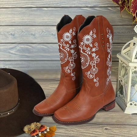 

Yeleire Toe Print Slip On Heels Middle Women Embroidery Retro Shoes Booties Women s Boots