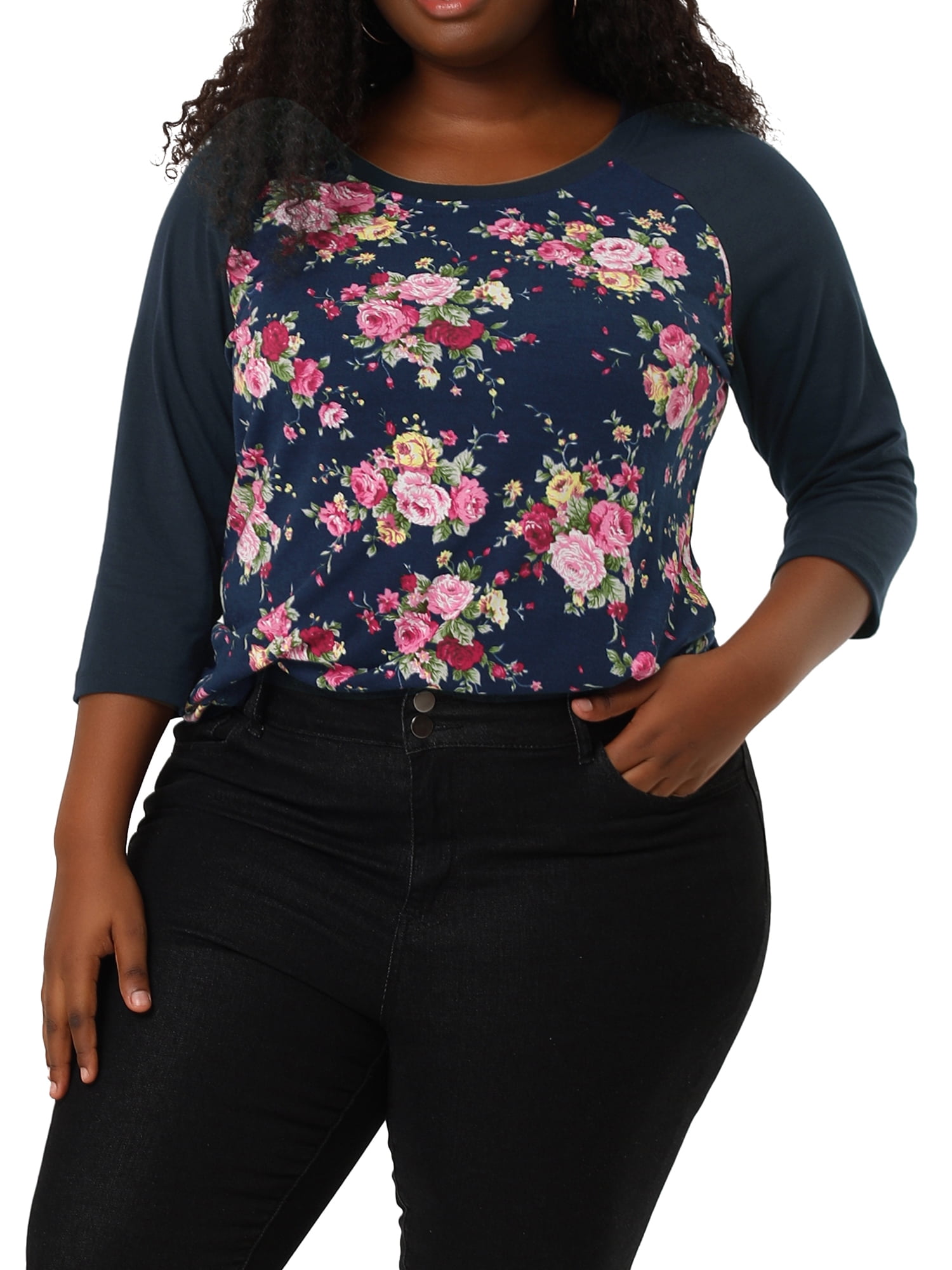Unique Bargains Juniors' Plus Size 3/4 Sleeve Floral Female Modern Raglan Tops 4X Navy Blue