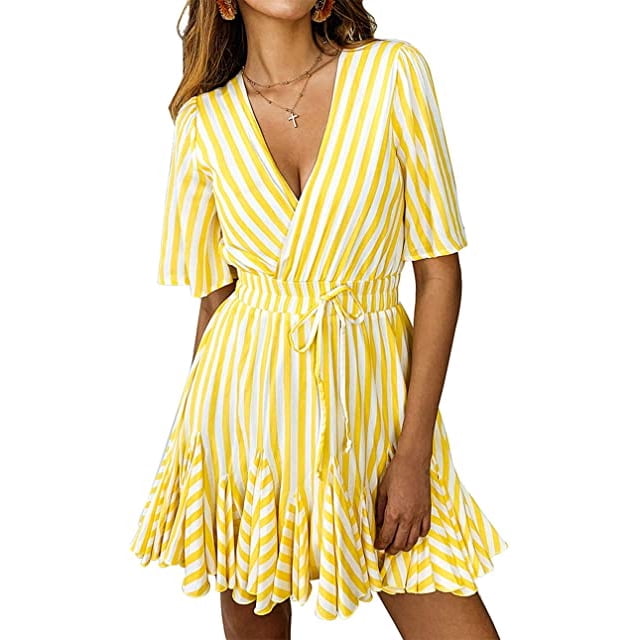Robe Courte Plissée Aguichant pour Femme à Col en V Profond, Manches Courtes, Rayée, Portefeuille, Ourlet à Volants, avec Ceinture, Jaune, P
