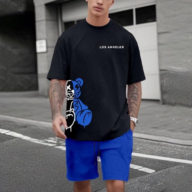 WILLBEST Conjunto de Traje para Hombre con Estampado de Oso para Uso Exterior E Informal. Combinación de Manga Corta y Pantalones Cortos para Verano. Ideal para Relajación y Actividades Físicas.