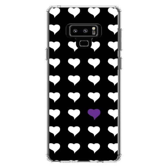 DistinctInk Clear Shockproof Hybrid Case for Samsung Galaxy Note 9 - TPU Bumper, Acrylic Back, Tempered Glass Screen Protector - Purple White Black Repeating Hearts