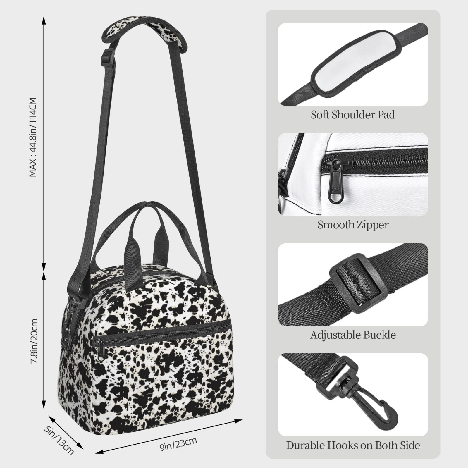 Xecao Cow Skin 1 Print Insulated Lunch Box, Lunch Cags Lunch Bag Featuring An Adjustable Shoulder Strap
