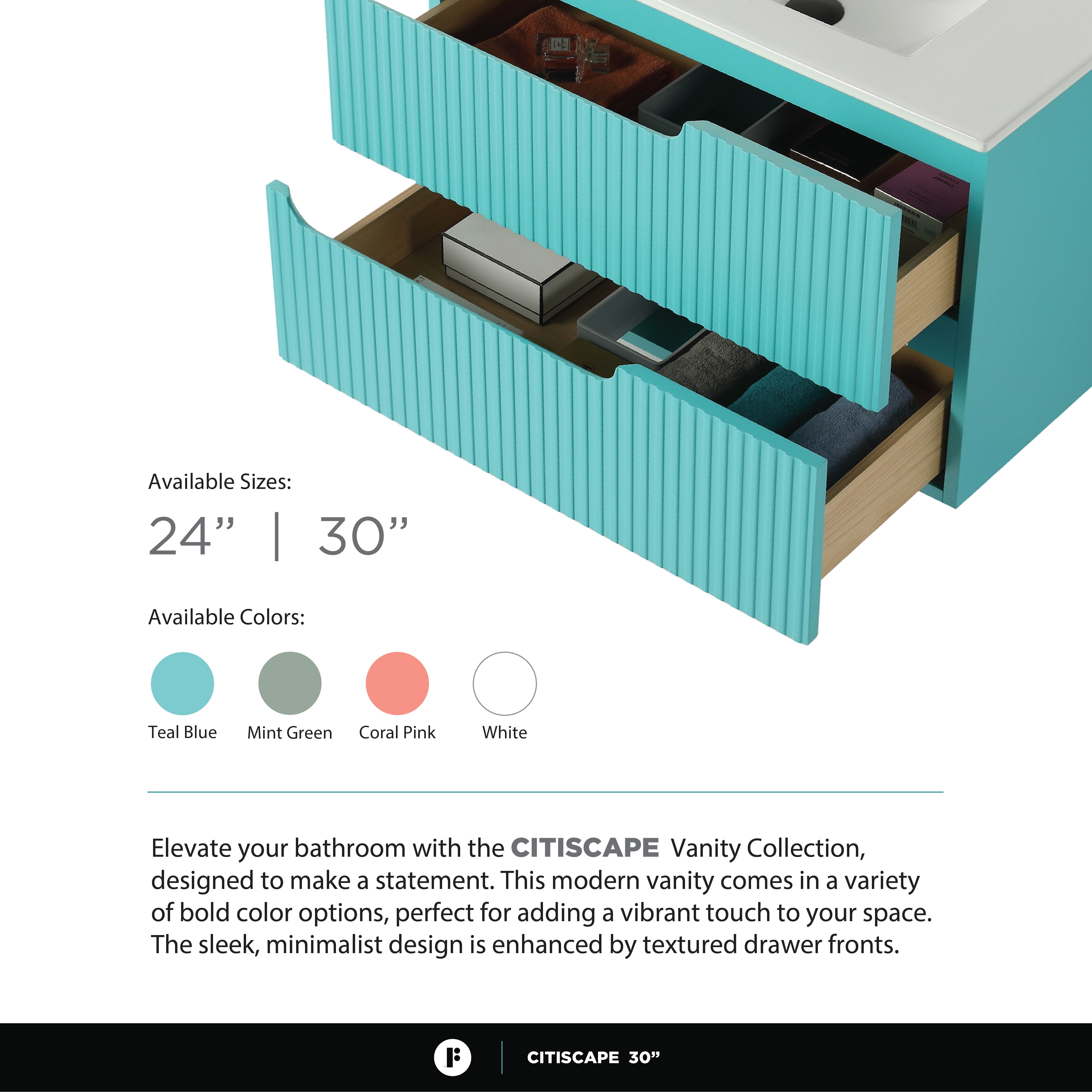 Citiscape Modern Bathroom Vanity with Textured Drawer Fronts 30" Wide - Tiffany Blue - Sink Included