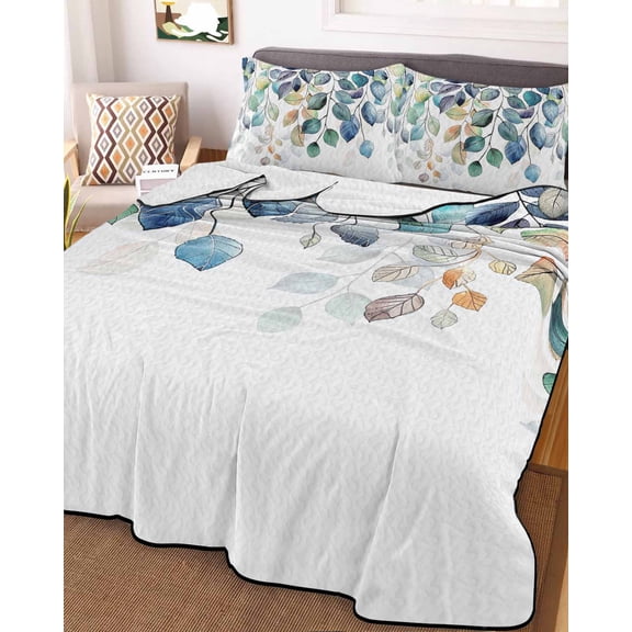 Blue Teal Botanical King Size Down Alternative Comforter, Lightweight Comforter Quilt Bedding Set with Pillow Shams Weeping Fall Eucalyptus Leaves All Seasons Bed Comforter Duvet Insert 96"x106"