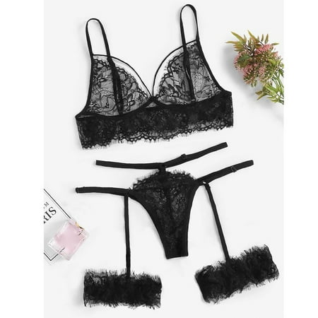 

TANGNADE Fashion Sexy Women Eyelash Lace Garter V-neck Lingerie Set Badydoll Underwear