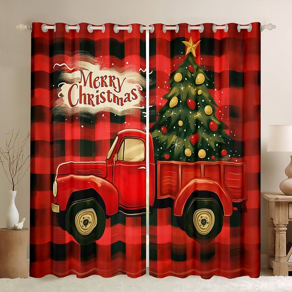 Manfei Cartoon Farm Truck Blackout Curtains Set of 2 (52x84 Each), Green Xmas Tree Window Curtains, Red Black Buffalo Checkered Curtains and Drapes, Luxurious Room Decor