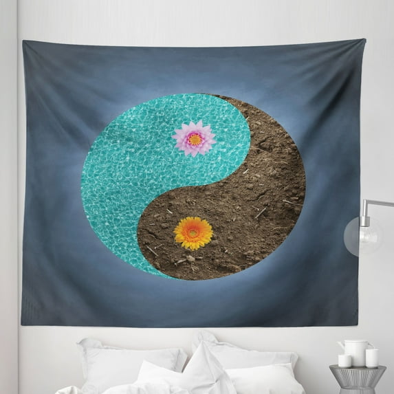 Yoga Tapestry, Yin Yang with Flowers Peace Balance Earth Opposite Contrary Forces Art, Fabric Wall Hanging Decor for Bedroom Living Room Dorm, 5 Sizes, Slate Blue Turquoise, by Ambesonne