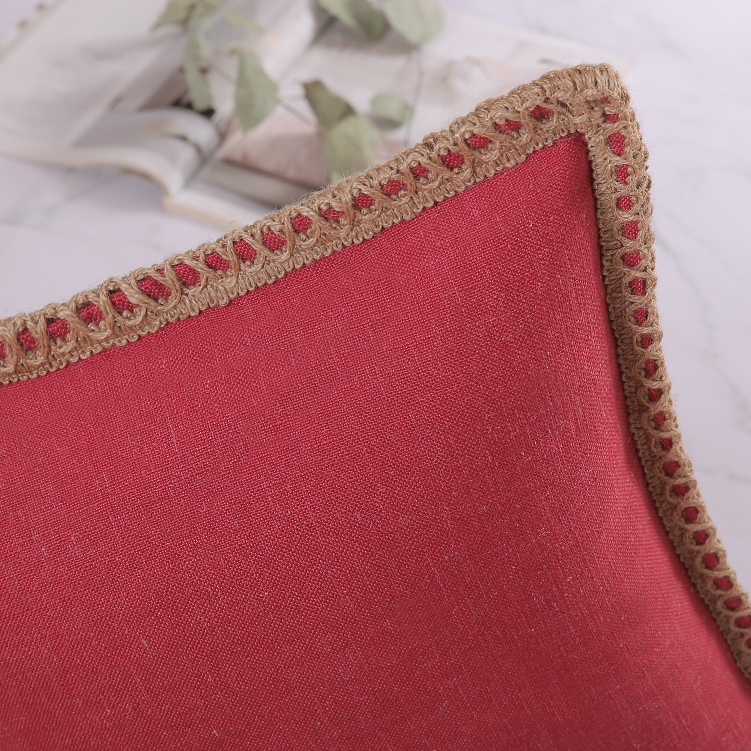 Phantoscope 18x18 Red Linen Texture Trimmed Throw Pillow Cover photo 4