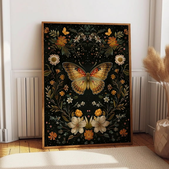 Butterfly Wall Art Poster – Butterfly And Flowers Black Background Artwork - Botanical Floral Night Garden Print Wall Art, Modern Wall Decor, 8x12 UNFRAMED