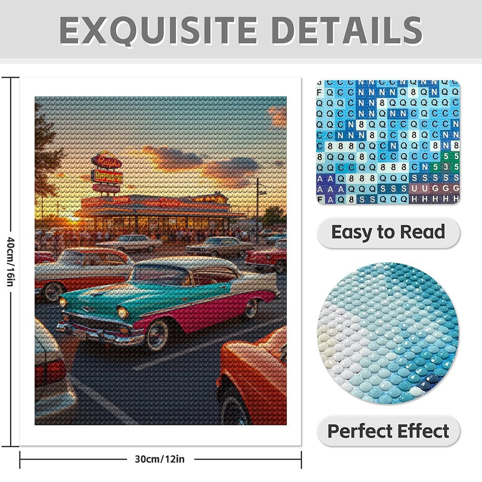 Diamond Art Kits for Adults - 5d Vintage Cars At Sunset Diner Diamond Painting for Adults, Diamond Art for Adults Beginners, Diamond Painting Kits for Adults for Home Wall Decor