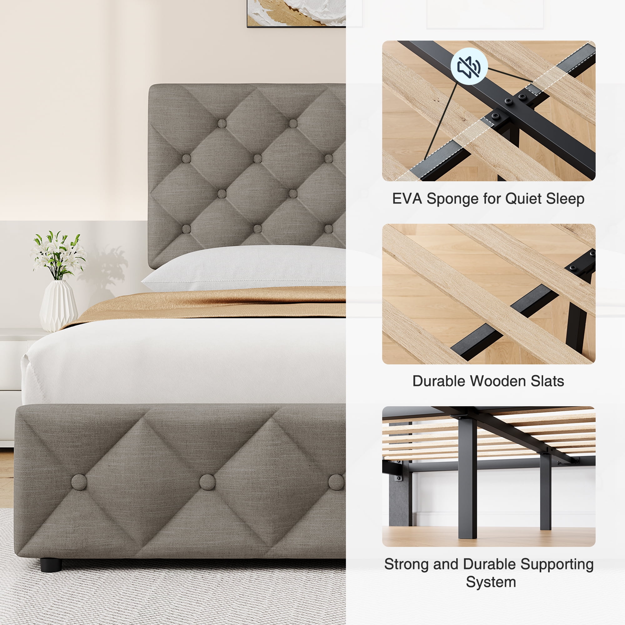 WhizMax Queen Size Bed Frame with 4 Storage Drawers, Linen