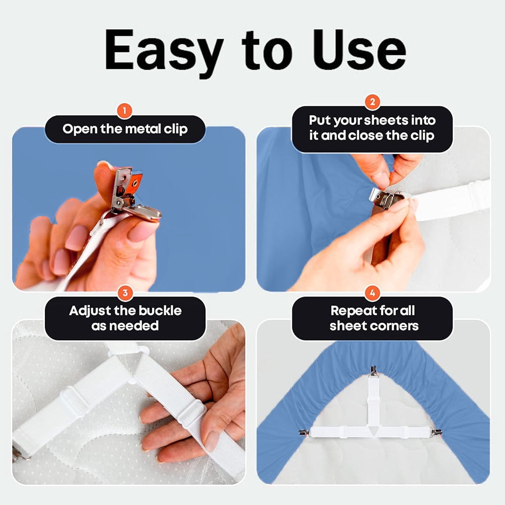 4 pcs Bed Sheet Holder Straps, Adjustable Fitted Sheet Holders, Adjustable Bed Sheet Strap, Bed Sheet Holders for Corners, Fitted Sheet Clips to Hold Sheets in Place