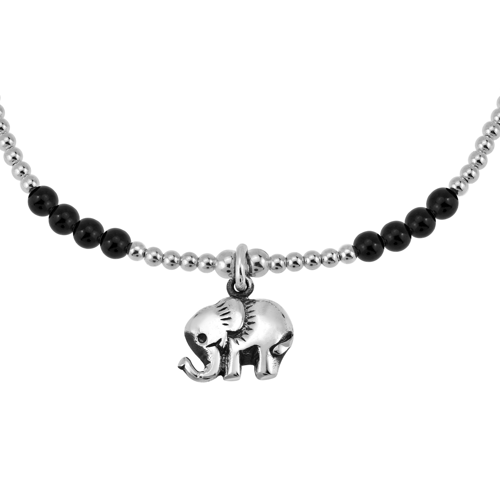 Dainty Royal Elephant Black Onyx Charm Sterling Silver Beaded Bracelet