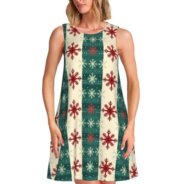 Balery Christmas Snowflakes Plaid Vestidos de verano para mujer con estampado: vestido holgado sin mangas, vestido playero informal y cómodo para días calurosos.