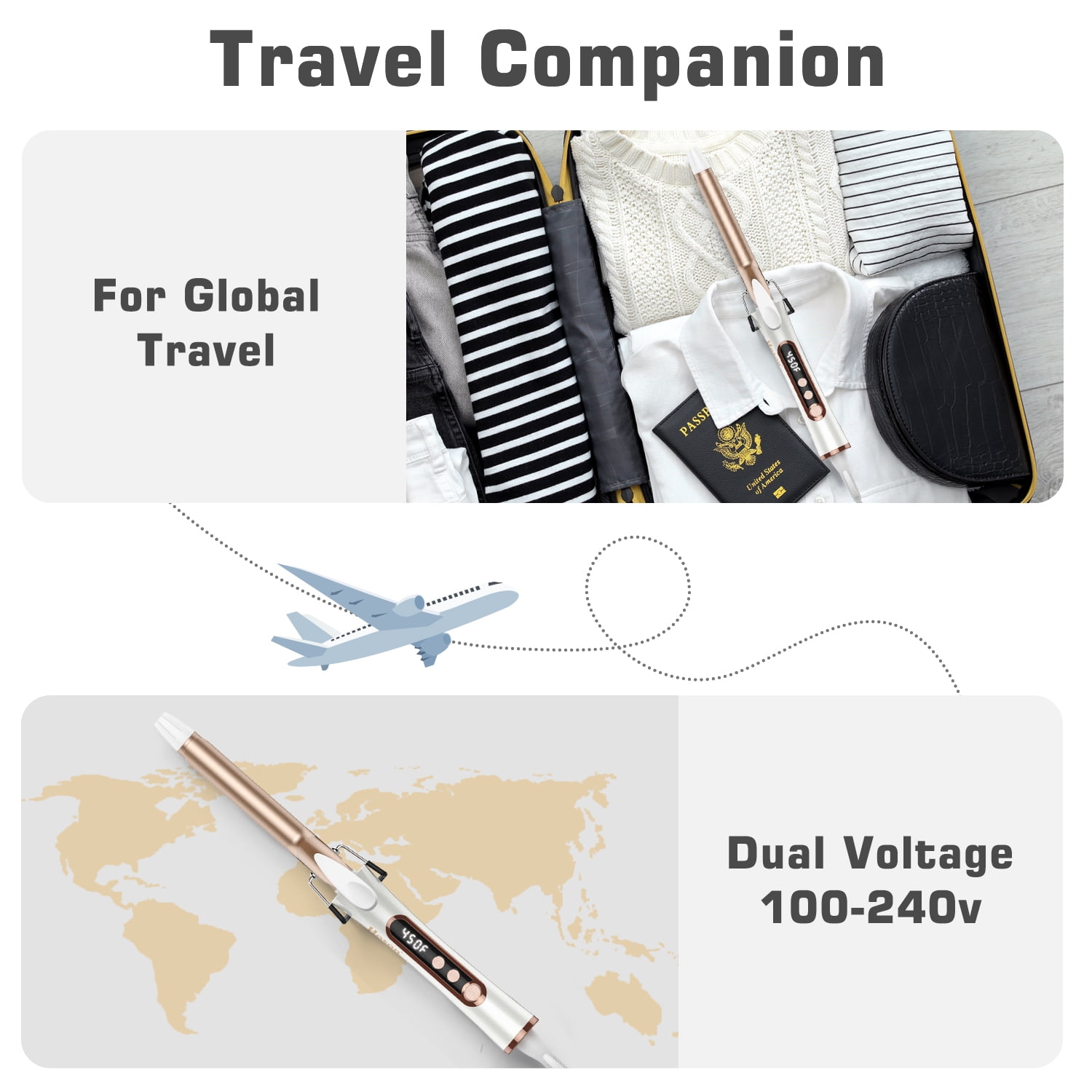 3/4 Inch Curling Iron for Short Hair, Dual Voltage Hair Curling Iron Ceramic,Professiona Curling Wand Tourmaline(Champagne Gold)