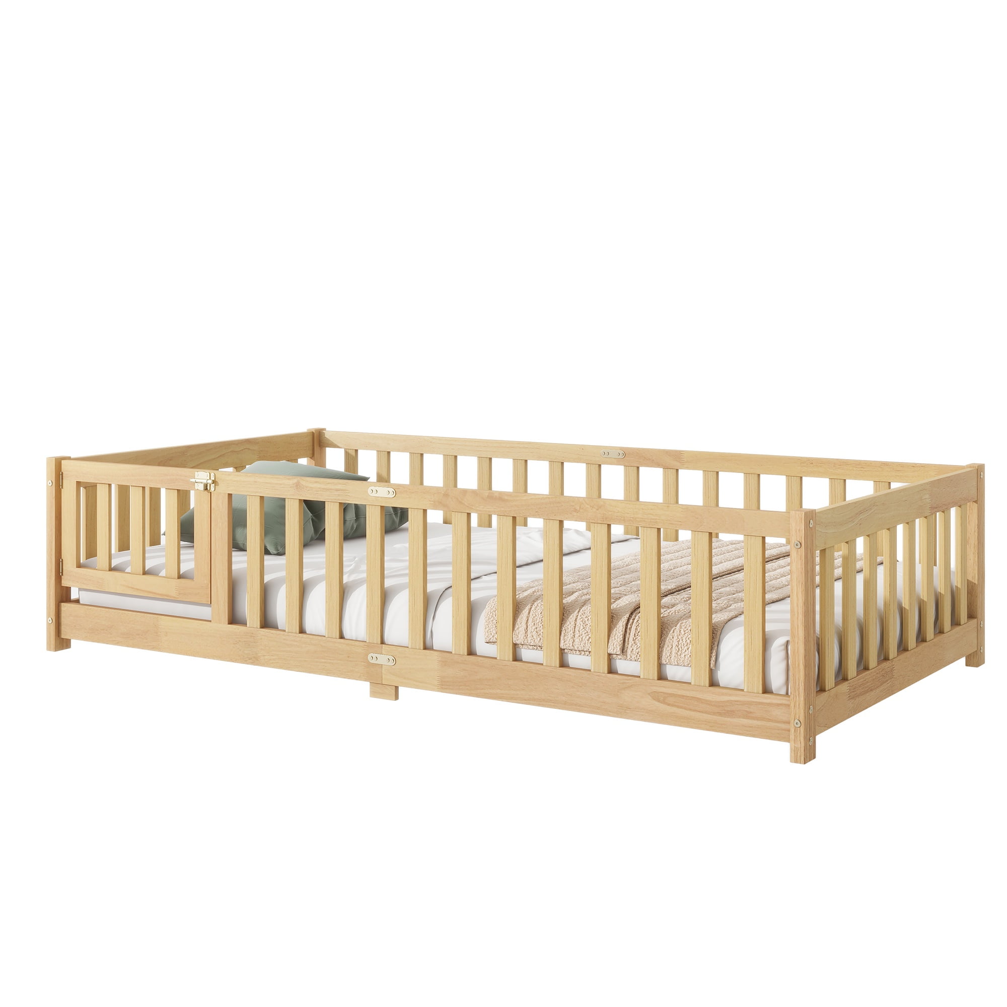 PAPROOS Twin Size Floor Bed, Solid Wood Toddler Bed with Slat, Fence Guardrail and Door, No Box Spring Needed, Montessori Bed, Twin Bed for Kids, Boys, Girls, Natural
