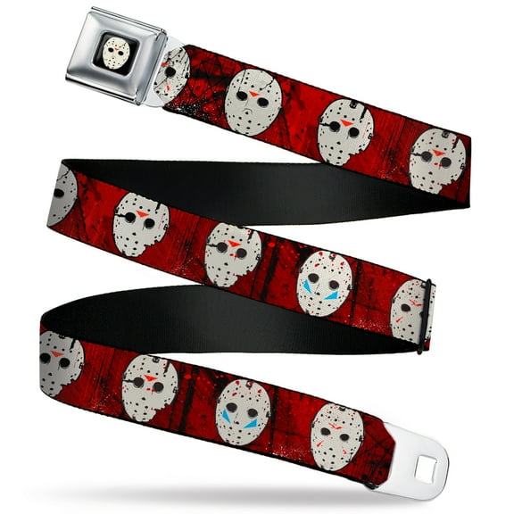Warner Bros. Horror Movies Belt, Seatbelt Buckle Belt, Friday the 13th Hockey Mask Icons Reds, 30 to 44 Inches