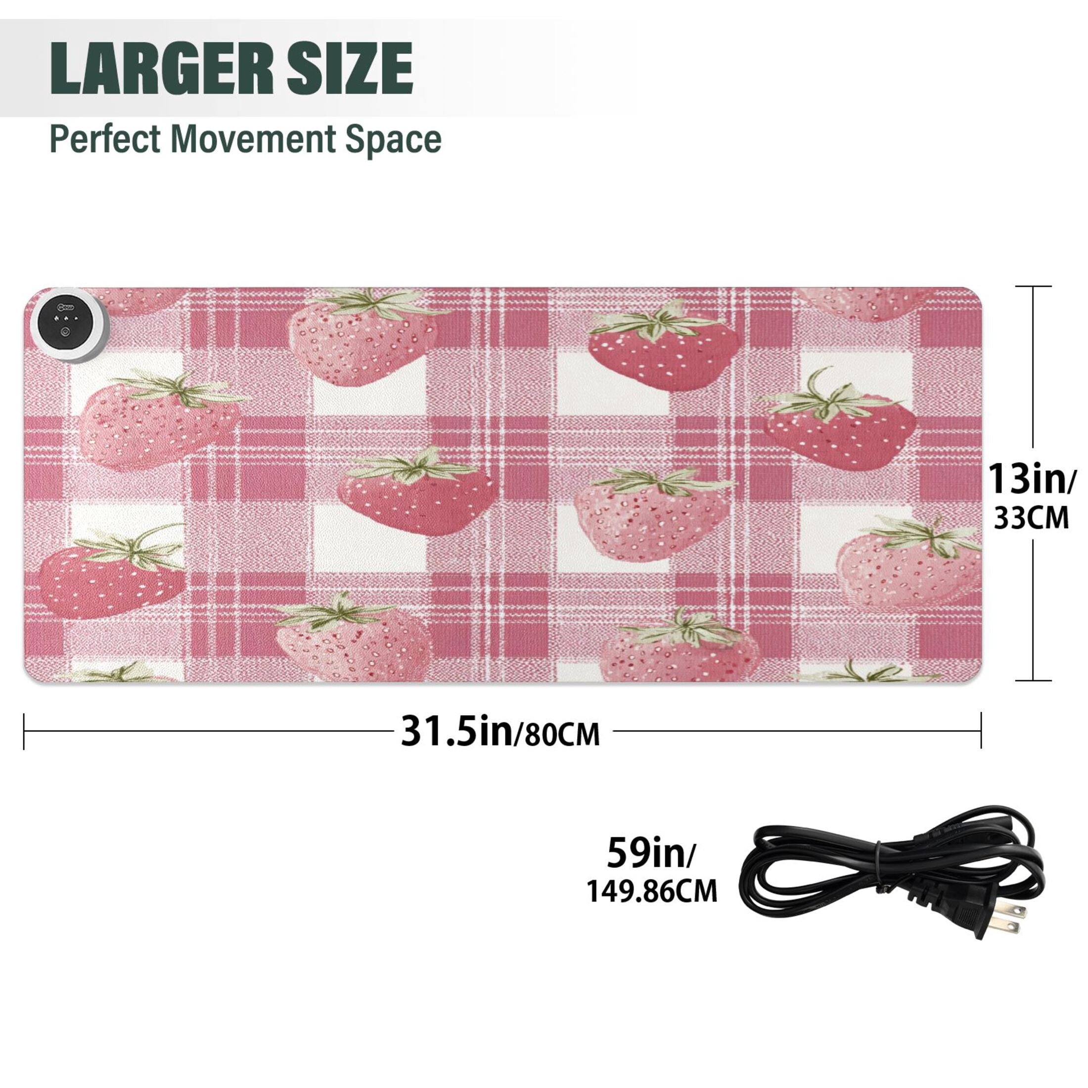 Large Heated Desk Mat Mouse Pad 31.5"x13"PU Leather Graphene Heating Desk Warmer with 3 Temperature Settings 110V US Plug Non-Slip Warm Pad for Home, Office, and Gaming Pink Strawberry Plaid Print