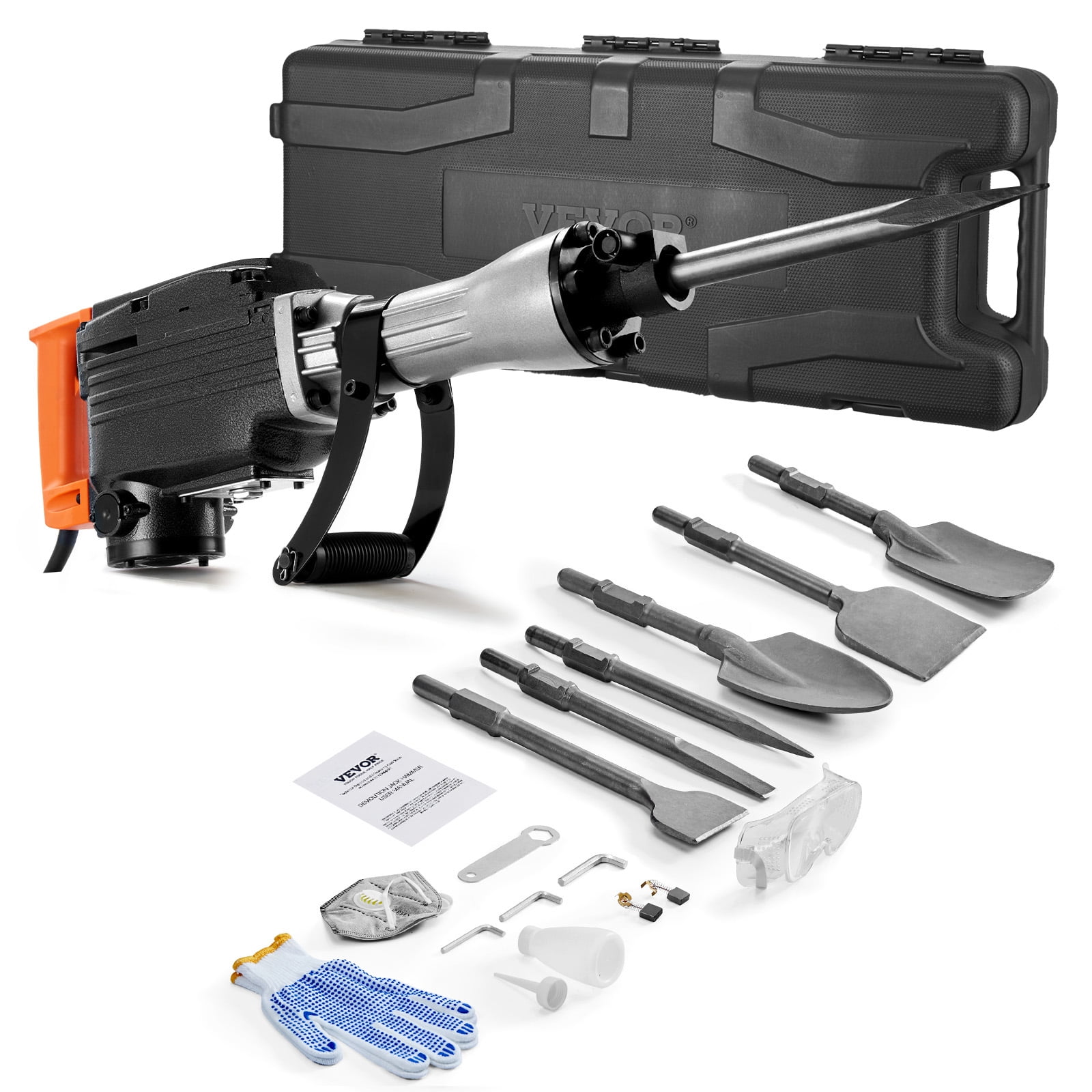 VEVOR Demolition Jack Hammer, 1350 BPM Concrete Breaker 6pcs Chisels Bit Chipping with Case, 2200W Electric Jackhammer Heavy Duty, Black