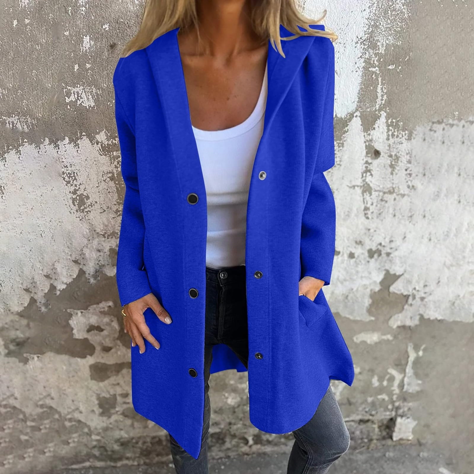 Womens Wool Peacoats with Hooded and Pockets Plus Size S-5X Snap-Button Up Coats Ladies Casual Solid Long Sleeve Comfort Outerwear