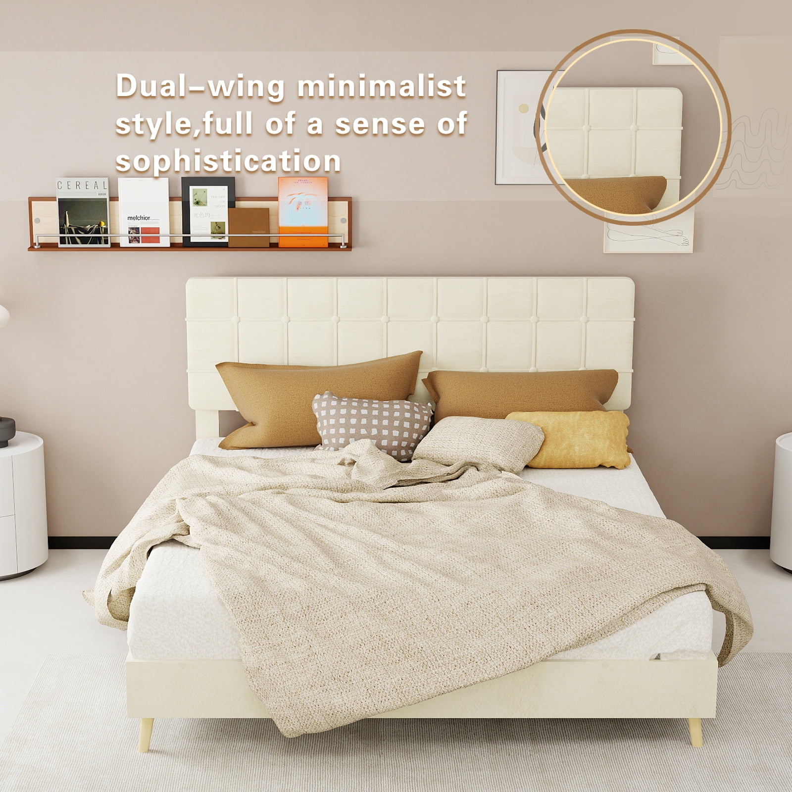 Leumius Queen Size Upholstered Platform Bed Frame with Tufted Headboard and Ergonomic Padding,Beige