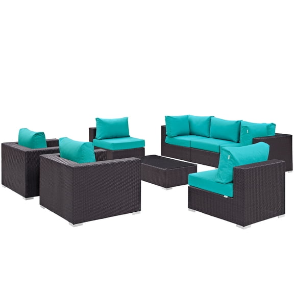 Modern Contemporary Urban Design Outdoor Patio Balcony Eight PCS Sectional Sofa Set, Blue, Rattan